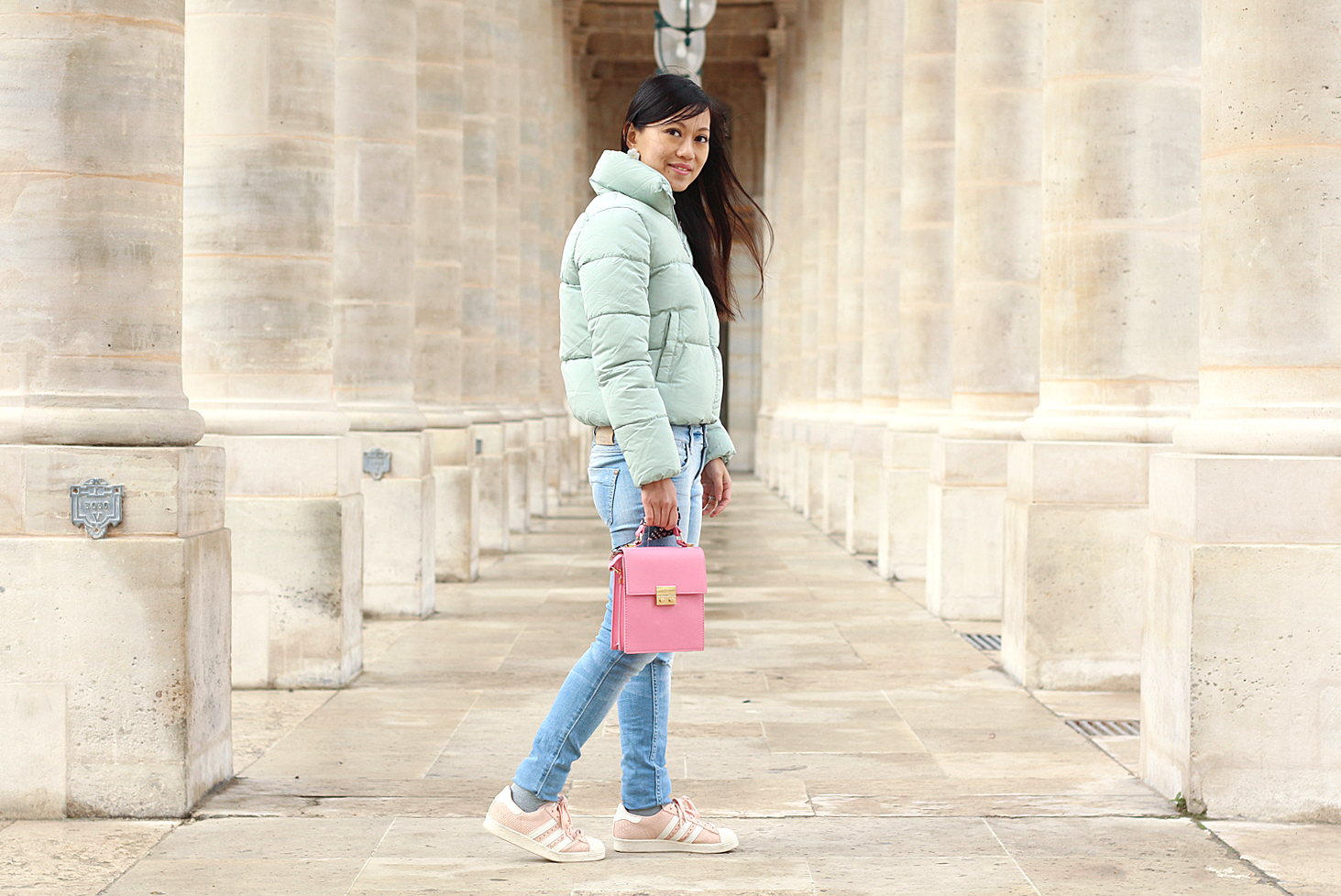 Petite and So What - tenue d'hiver aux couleurs pastels avec ma nouvelle doudoune Bershka col cheminée